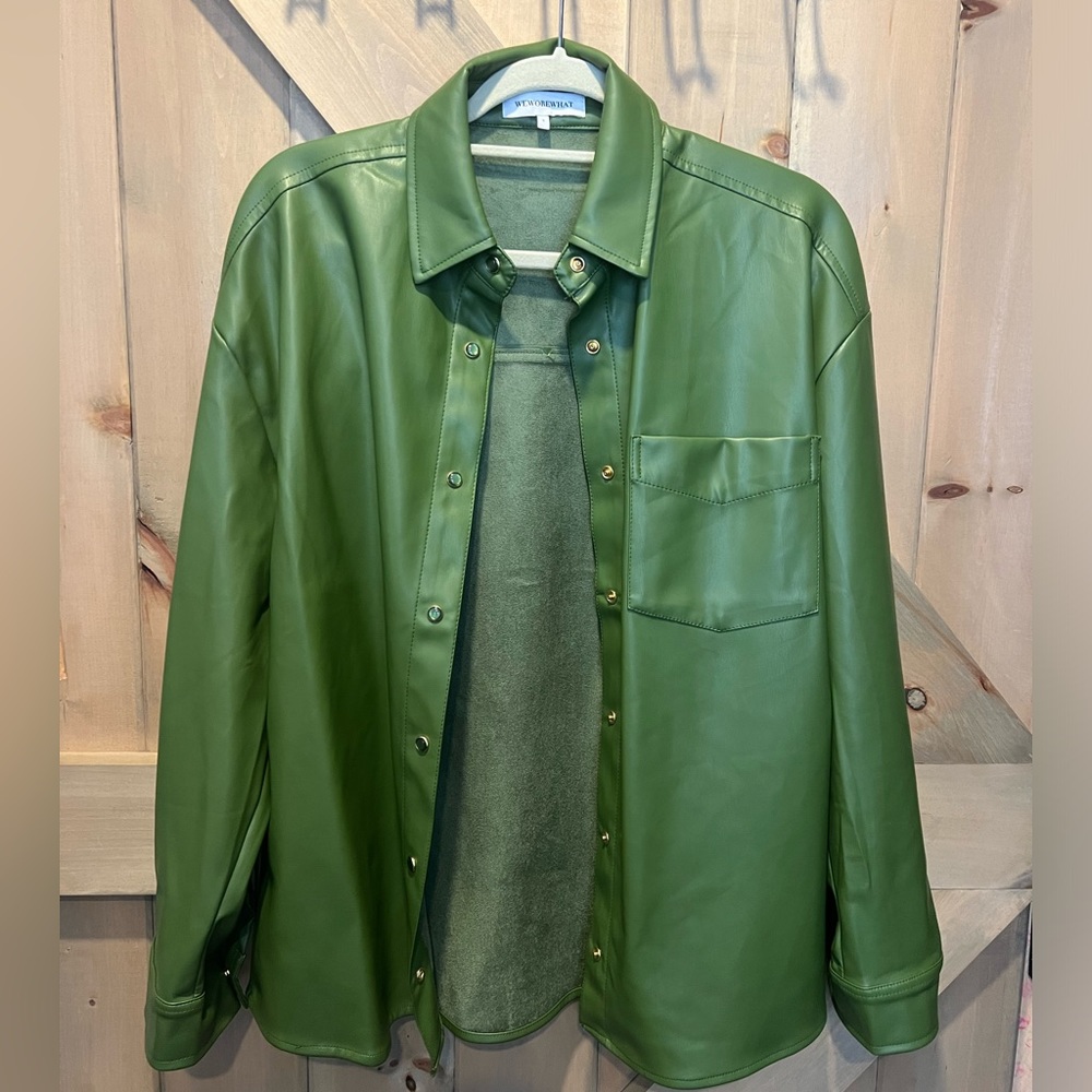 Weworewhat pea green faux leather jacket. Oversized small. Mint condition
